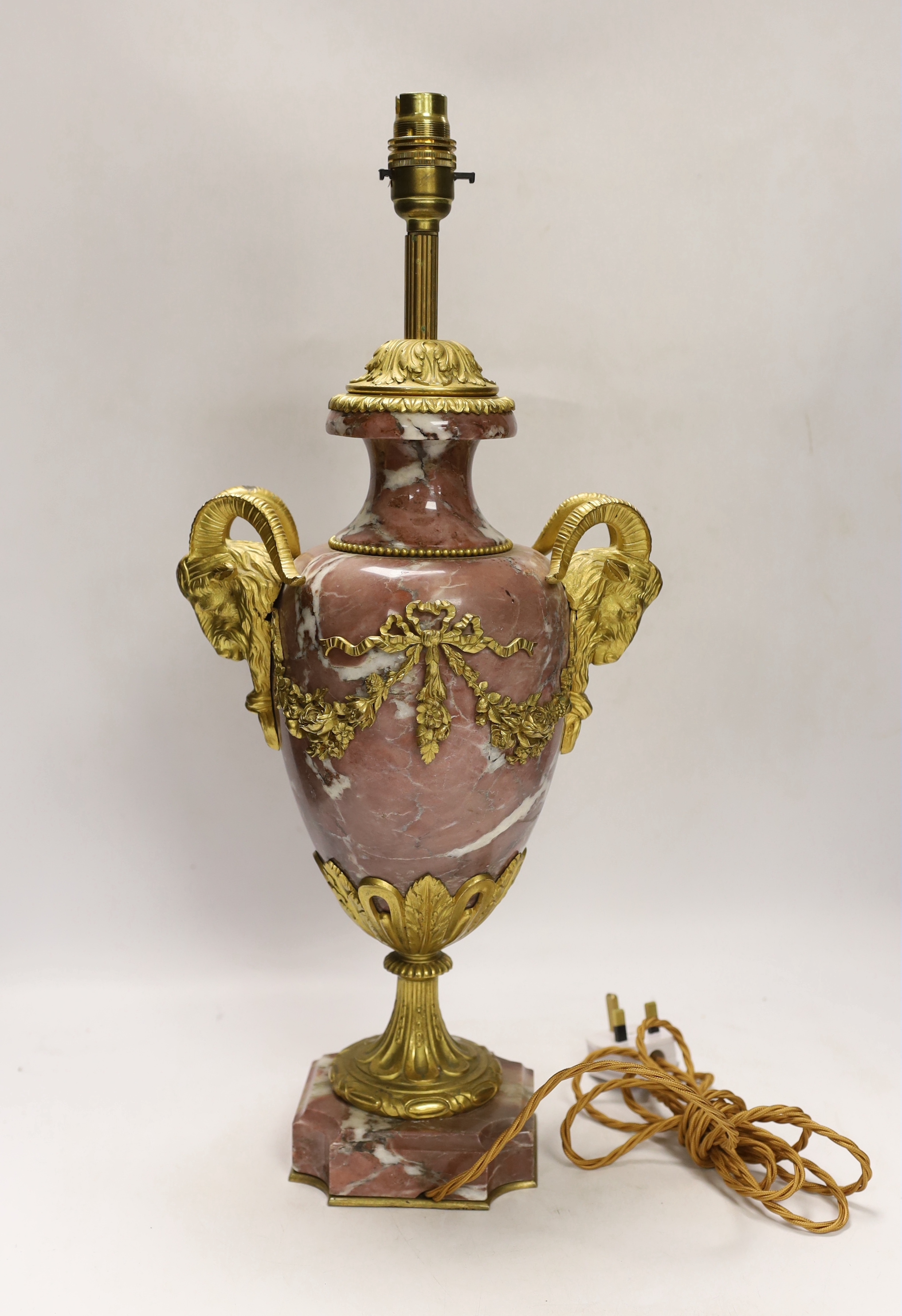 A Louis XVI style ormolu mounted marble table lamp, 52cm